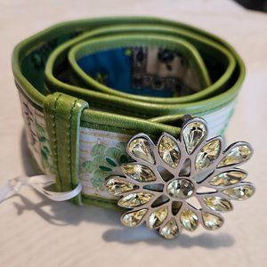 Hadley Pollet Reversible Belt Green White Blue Starburst Jewel Buckle 38.5.